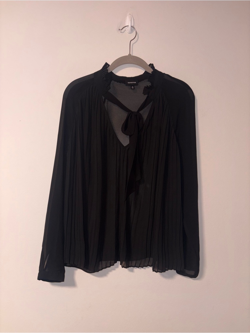 WHOWHATWEAR Black Sheer Chiffon Silky Tie Neck Blouse Medium